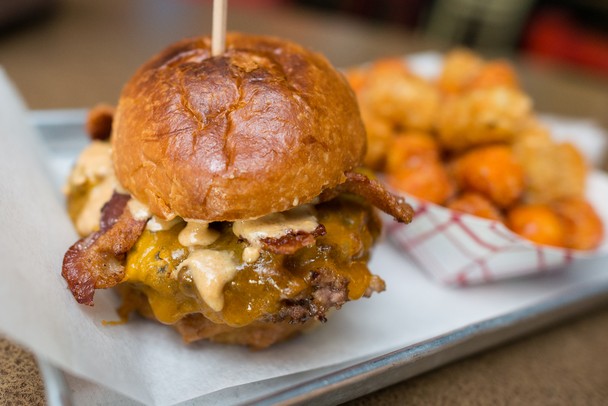 The Wurst Bar's "Mr. Peanut" burger. The Wurst Bar's 1/3 pound hamburger with cheddar, bacon and crunchy peanut butter. The Wurst Bar is located at  705 West Cross Street in Ypsilanti.
Courtney Sacco I AnnArbor.com  
